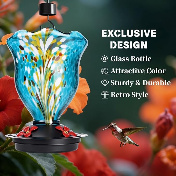 Vase Shaped Hummingbird Feeder for Outdoors, Hand Blown Glass Hummingbird Feeders for Outdoors Hanging with 4 Feeding Ports, Leak-Proof Bird Feeder- Garden Decor Gifts for Women(Blue)