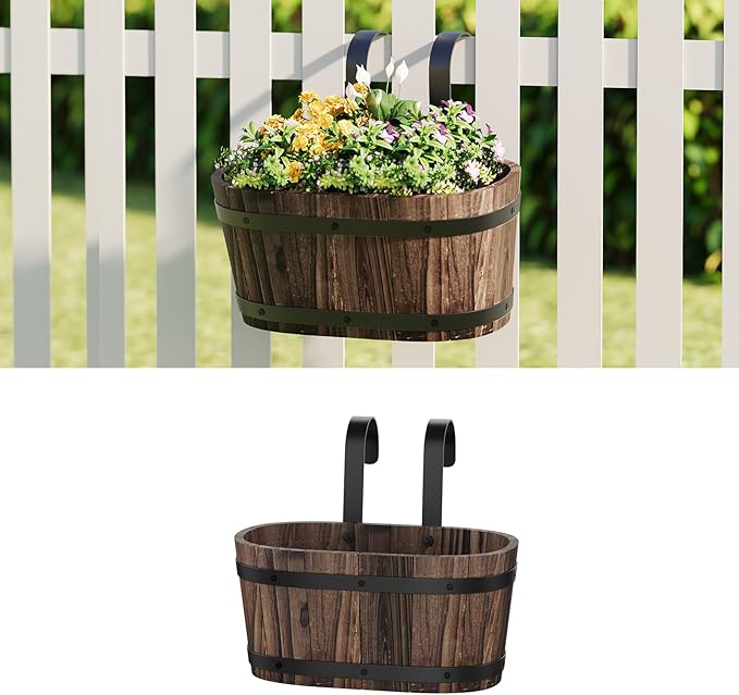 Wooden Hanging Planter for Railing Fence Outdoor Planter Railing Planter Boxes for Plants Wall Planters Window Flower Box Hanging Bucket Pots Countryside Plant Holder (Carbonized,1pcs,Small)