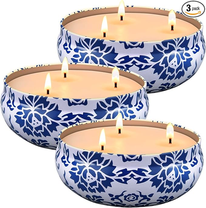 Hausware Citronella Candles Outdoor & Indoor - Large 13.5 oz Scented Candles Set 3 Pack Natural Soy Wax citronella Candles for Garden Patio Yard Home Balcony Camping Backyard (Light Blue)
