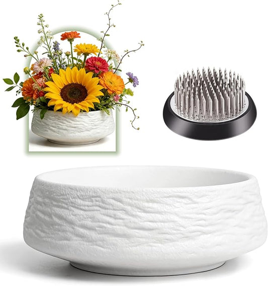 5 inch Japanese Ceramic Ikebana Vase Kit with1.6 inch Metal Floral Frog Round Stems Holder, Flower Frog Arranging Supplies Kenzan Flower Container (Rock Texture - Small White)