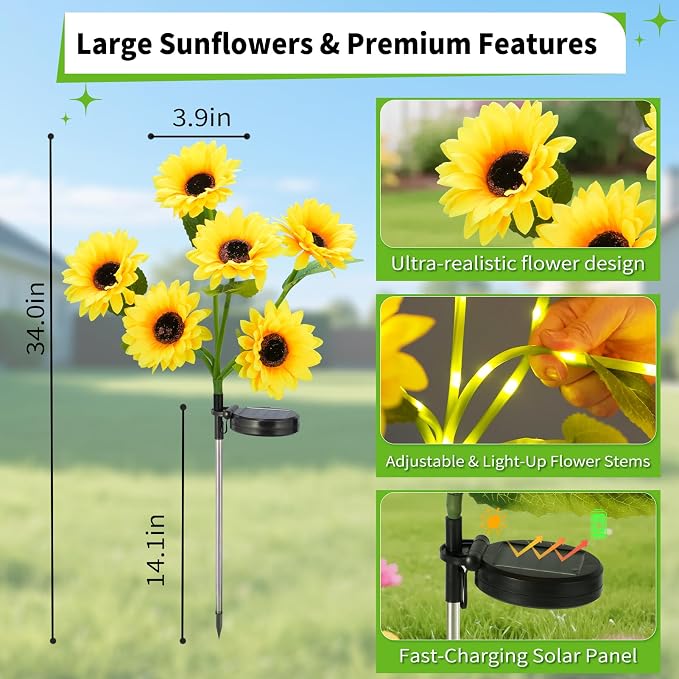 6-Pack Solar Sunflower Garden Decor, 36 LED Flower Stake Lights - Waterproof Long-Lasting Outdoor Solar Patio Decor for Lawn, Yard & Pathway