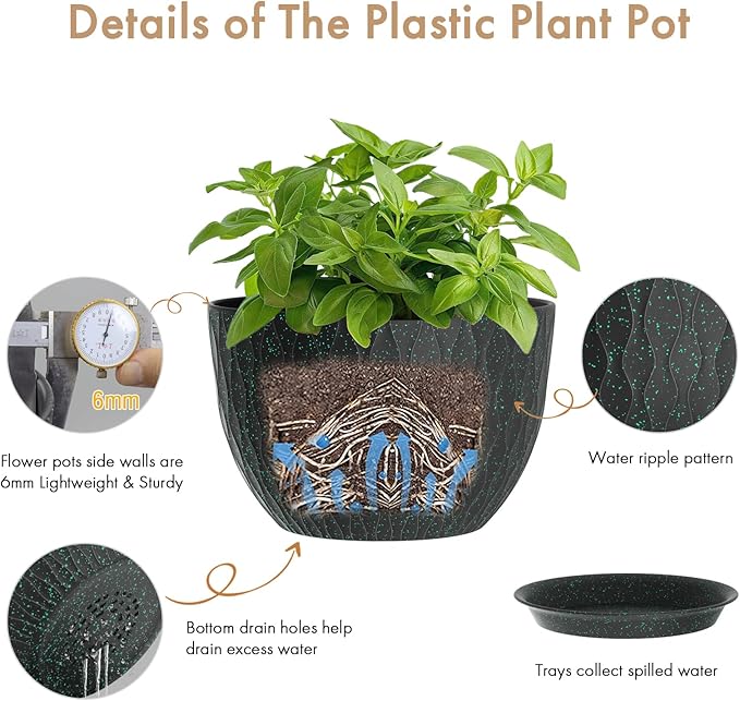 WSMKSZ 12 Inch Wide Water Ripples Flower Pots for Indoor or Outdoor Plants, Large Plant Pots with Drainage Holes & Saucer, Plastic Planters Set for Garden & Home Decor (Black with Green Speckles)