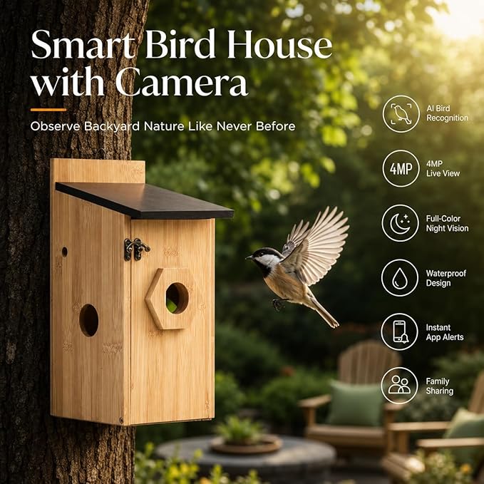 Smart Bird House with Camera - Solar Powered AI Bird Feeder with 4MP Color Night Vision, AI Species Recognition & IP66 Waterproof, Ideal Gift for Bird Lovers