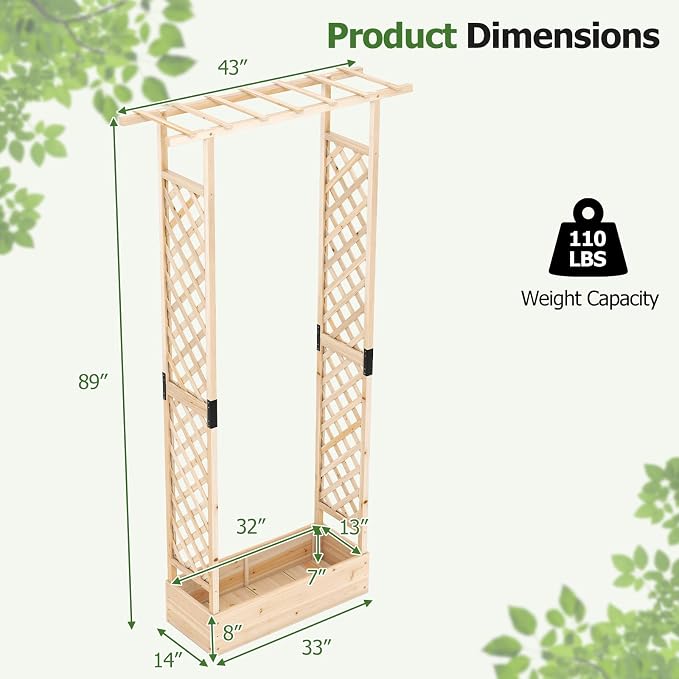 HAPPYGRILL 89" Raised Garden Bed with Trellis & Hanging Roof, Wooden Planter Box with 4 Drainage Holes, Outdoor Wood Elevated Garden Bed for Climbing Plants Vines Vegetables Flowers (Natural,2)