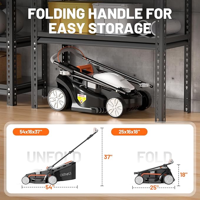 Litheli 13.4inch Electric Lawn Mower Cordless,Grass Cutter Machine for 2600 Sq.Ft. Lawnmower, 8 Gallon Capacity, Cutting Height from 1 to 2.5 in, Includes 2X4.0 Ah Battery.