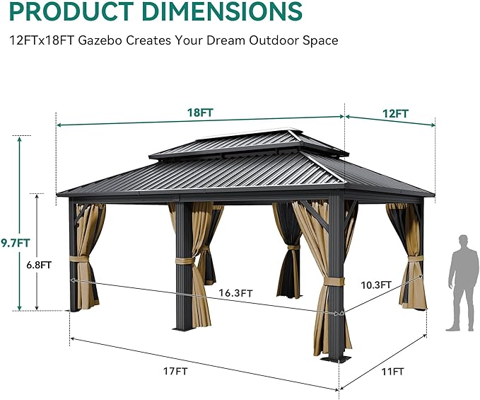 YITAHOME 12x18ft Gazebo Double Roof Hardtop Canopy Outdoor Heavy Duty w/Nettings and Curtains, Upgraded Aluminum Column Galvanized Steel Vertical Stripes Roof for Patio, Backyard, Deck, Lawns, Brown