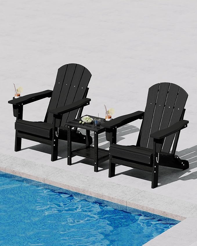GarveeLife Folding Adirondack Chair, All-Weather HDPE Outdoor Chair, Wooden Textured with Cup Holder for patios, Decks, Gardens, fire pits, Black