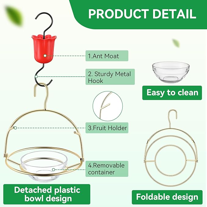Metal Oriole Feeders for Outdoors Hanging with Ant Moat and Fruit Holder, Oriole Feeder with Glass Bowl, Easy to Disassemble and Wash, Bird Feeder for Garden, Outdoor, Gift (1 Pack, Gold)