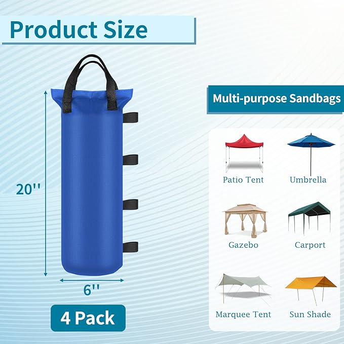 4 Sand Bags for Weight, Heavy Duty Sandbags for Canopy Legs, Extra Large Pop Up Tent Weights, Canopy Weight Bags for Gazebo, Outdoor Sun Shelter, Umbrella - Blue, 6"×20", Without Sand