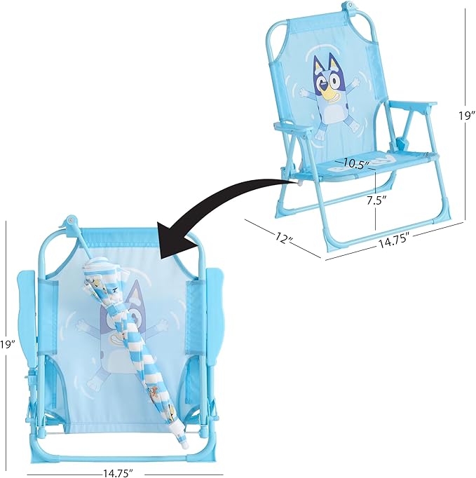 Idea Nuova Bluey Kids Outdoor Folding Beach Chair with Umbrella,Portable Camp Chair for Ages 3+, Lightweight & Compact for Beach, Camping, and Backyard