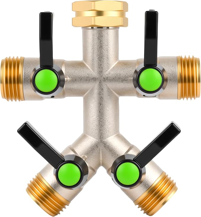 Love Is War 4 Way Hose Splitter, High-Flow Heavy Brass Garden Hose Splitter,4 Way Faucet Hose Splitter, 3/4", Hose Spigot Adapter With 4 Valves