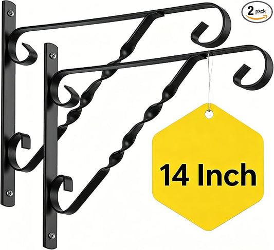 AMAGABELI GARDEN & HOME 2 Pack Hanging Plant Brackets Outdoor 14" Metal Fence Wall Plant Hanger Hooks for Hanging Flower Bird Feeders Lanterns Wind Chimes Rust-Resistant Black