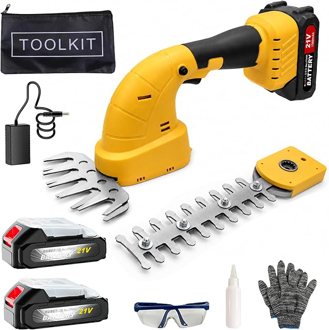 2-in-1 Cordless Hedge Trimmer & Grass Shear, 21V, Yellow | Lightweight Handheld, Small Yard Lawn Edging, Easy One-Hand Pruning for Women & Seniors, 2 Batteries & Charger