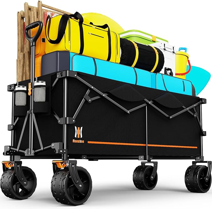Navatiee 48" L Collapsible Extended Wagon, 440Lbs Heavy Duty Wagons Carts Foldable, 300L Extra Large Beach Wagon with Big All-Terrain Wheels for Sand, Folding Utility Garden Cart for Outdoor, Black