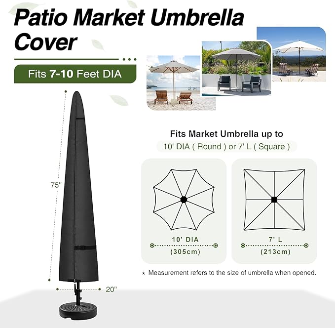 Porch Shield Patio Umbrella Cover - Outdoor Waterproof Garden Market Parasol Covers Fits Market Umbrella 7-10 Feet, Black