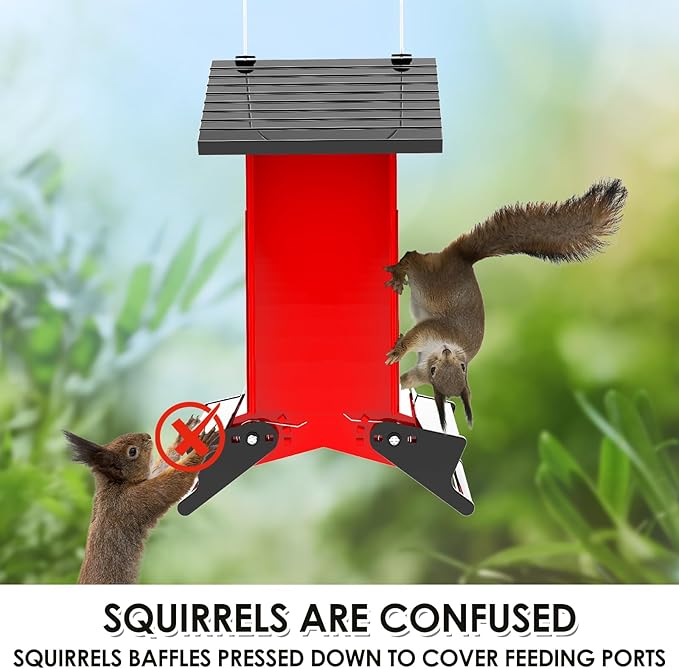 Birdkiss Bird Feeder Squirrel-Proof Outside: Country House Series for Hanging - Metal - 5LBs Seed - Weight-Activated for Outdoors - Large Capacity and Red