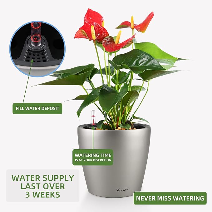 Dexceder 9x8 Self Watering Planter (Smoky Gray Matte) | Inner Pot Design, Thickened Metallic Table Flower Plant Pot with Water Level Indicator Indoor Outdoor