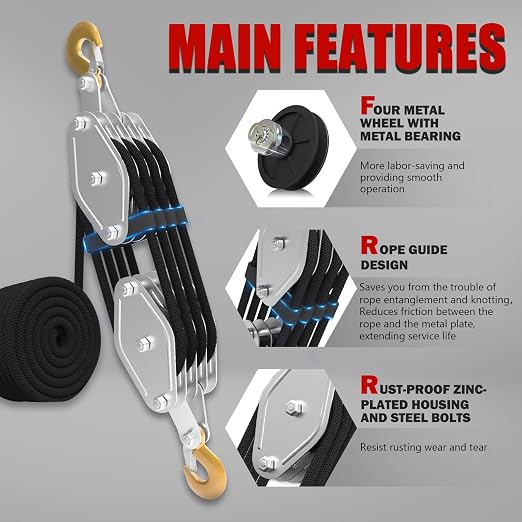 YATOINTO Rope Hoist Pulley System with Rope Guide Metal Bearing, 4400LB Pulley Block and Tackle, 8:1 Lifting Power 65ft, Heavy Duty Pulley Block for Hunting Lifting Pulling Garage Warehouses Building