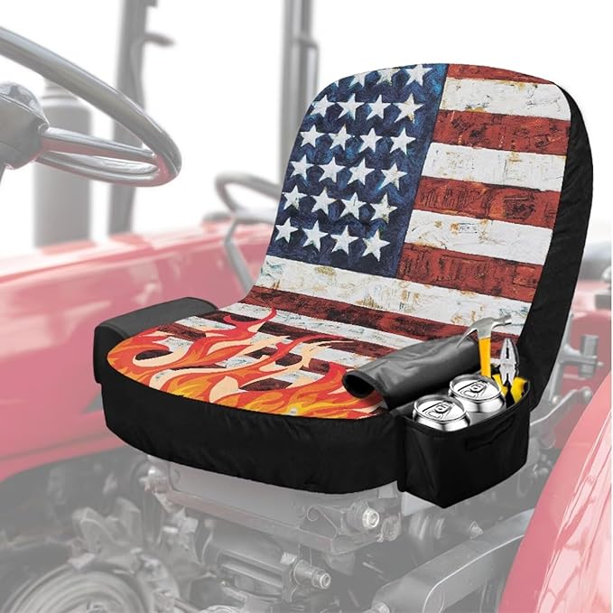 American Flag Riding Lawn Mower Seat Cover Waterproof Tractor Seat Cover with Drink Pouch Non Slip Agricultural and Industrial Vehicle Seats Covers Gift for Holiday