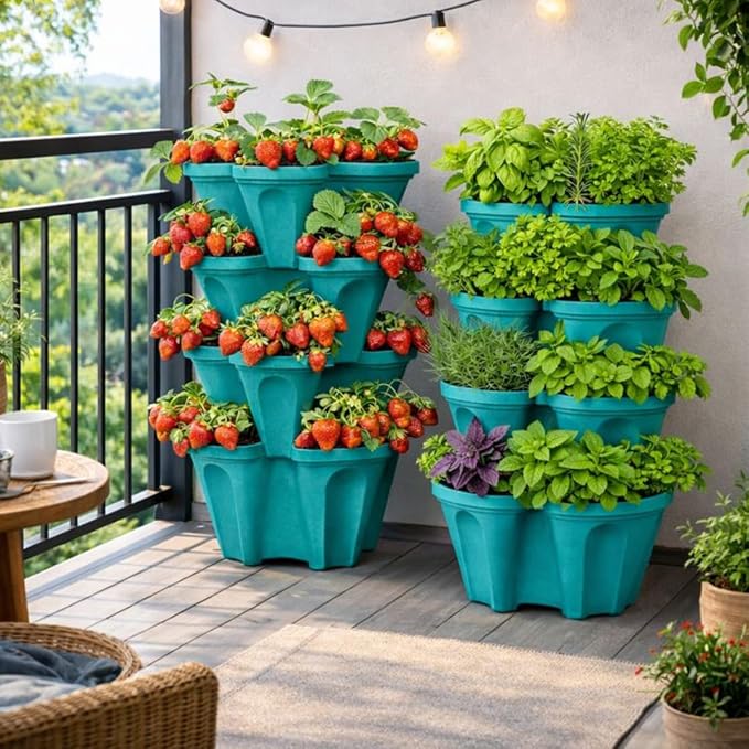Strawberry Planter Tower, 4 Tier Stackable Vertical Planter, 16 Plant Sites, Space Saving Garden Planter, Indoor Outdoor, Made in USA (Mineral Teal, Small)