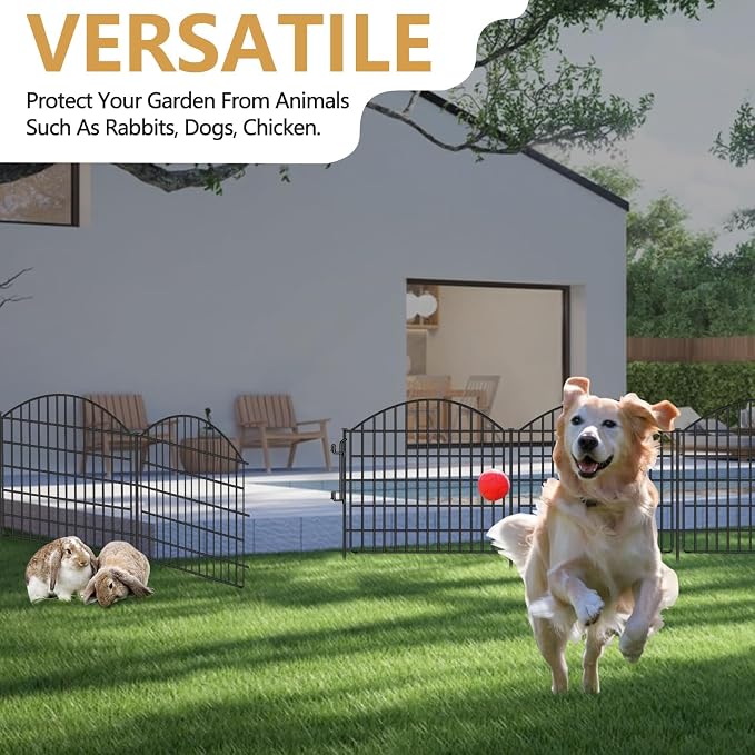 10 Panels Garden Fencing Animal Barrier with Lock, 24in (H) x 20ft (L) No Dig Dog Fence Outdoor for Yard Rustproof Decorative Fences Tall Metal Panel Wire Border Rabbit Ground Stakes