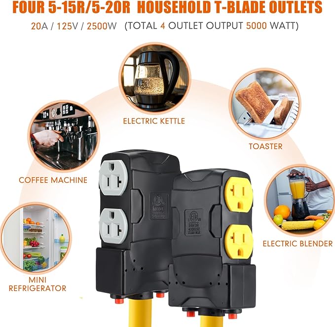 Kanayu 6ft 50 Amp to 20 Amp 110v Rv Distribution Adapter Compatible with Nema 14-50p to 4X 5-20r/ 5-15r 4 Prong Rv Generator Dryer Wall Socket for Four Household Outlet with 20amp Circuit Breaker