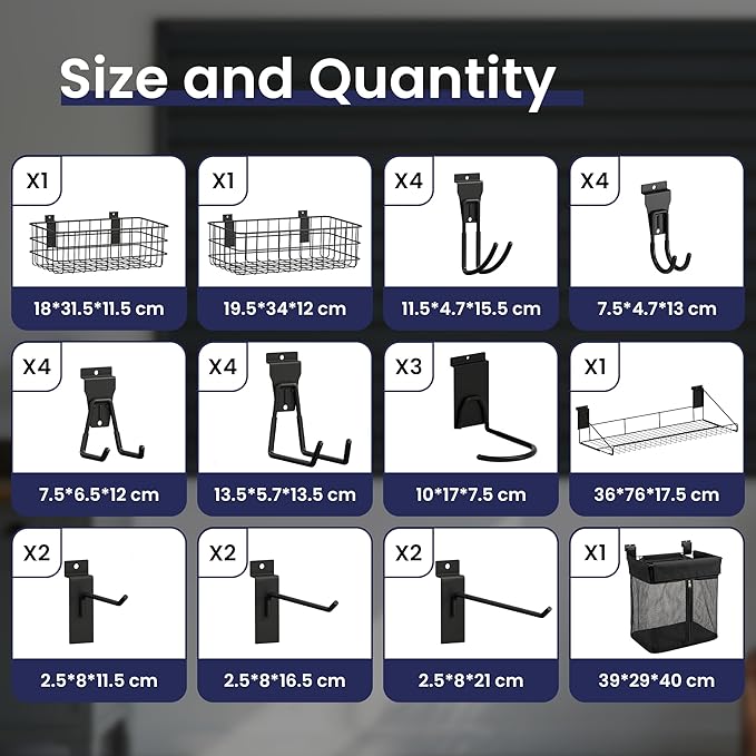 Smartstandard 29PCS Slatwall Accessories, Includes 3PCS Bike Hooks, 2PCS Wall Baskets, 1PC Shelf, 1PC Large Mesh Storage Bag and 22PCS Multi Shapes(J/U/Straight) Hooks, Accessory for Sports