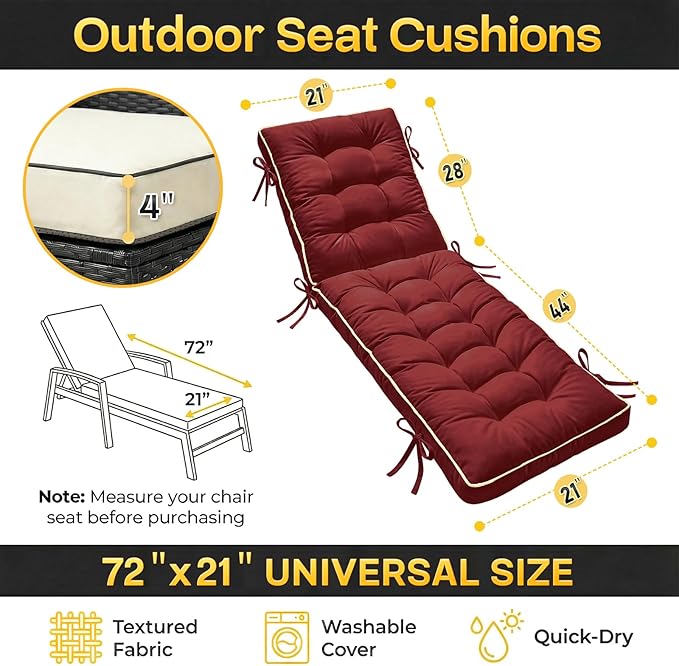 2 Pack 72x21 Inch Folding Chaise Lounge Cushion Quick Dry - Outdoor Sun Lounger Seat Pad with Shredded Foam for Patio Furniture, Deck Chairs, Poolside (RED, 72 INCH × 21 INCH-2 Pack)