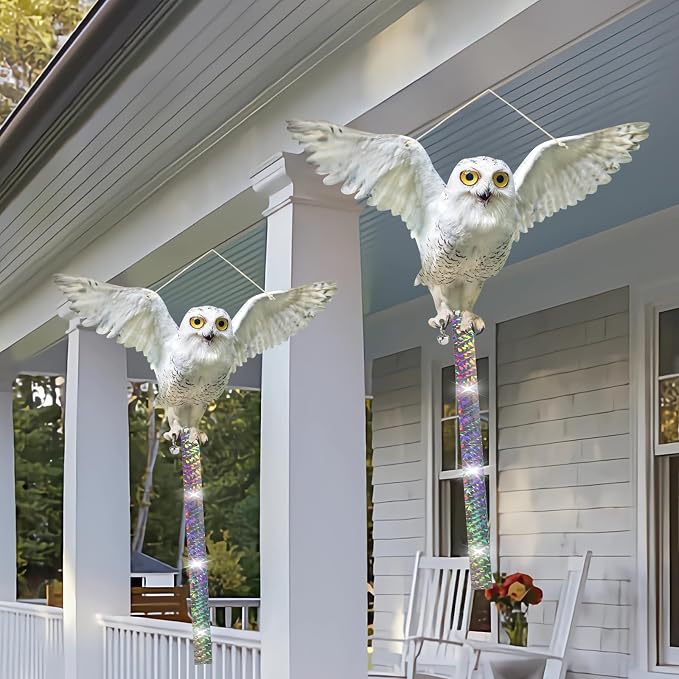 3PCS Reflective Hanging Fake Owl Decoration, Garden Owl Control Device to Keep Pigeons Away from House Windows Outdoor Garden Yard