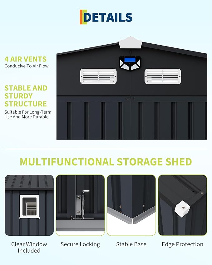 Garvee 10x12 ft Heavy-Duty Metal Storage Shed with Lockable Door & Windows - Galvanized Steel Outdoor Utility Shed with Sloped Roof for Backyard, Garden, Garage, and Patio, Dark Gray