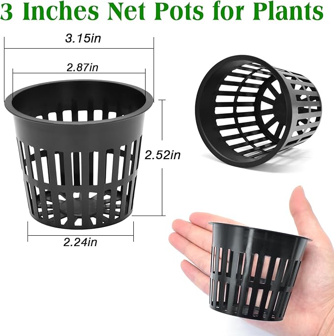ZeeDix 3 Inch Net Pots for Hydroponics, 25 Pack Mesh Net Cups Hydroponic Baskets Plant Nursery, Reusable Heavy Duty Wide Lip Round Bucket Basket for Plants