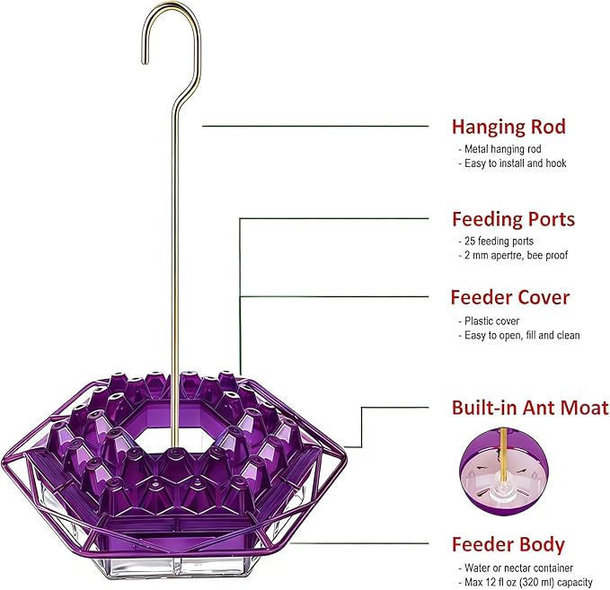 Hummingbird Feeder with Ant-Proof Moat Hummingbird Feeder, Easy to Clean and Refill Includes Hanging Hook, Features 30 Feeding Ports (Purple 1PCS)