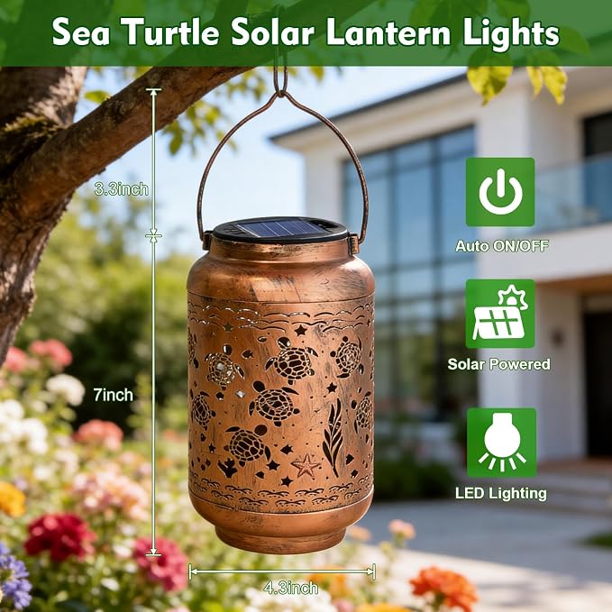 HONGLAND Sea Turtle Solar Lanterns Outdoor Waterproof Hanging Garden Decor, Gifts for Mom Grandma Women, Solar Lights Metal LED with Shepherd Hook for Patio Yard Porch Lawn