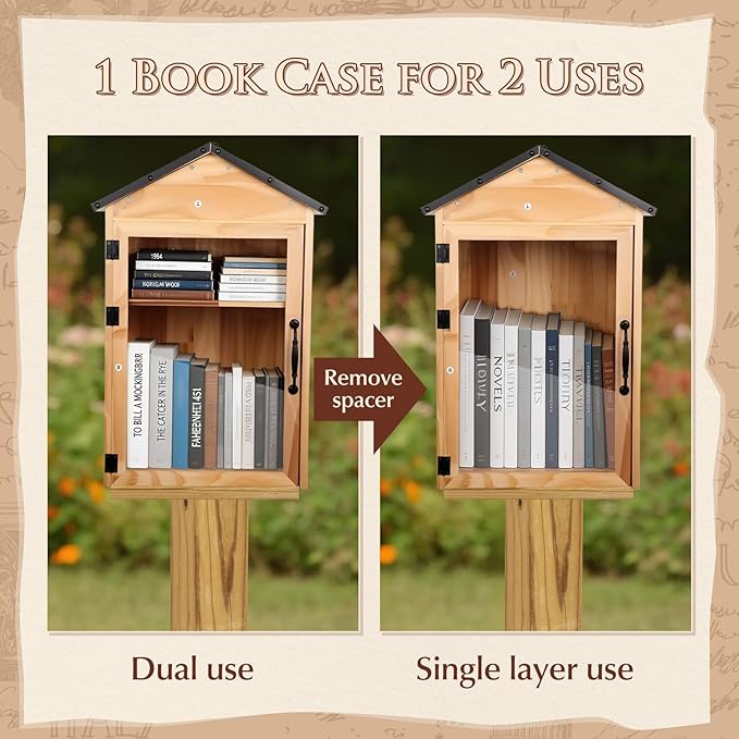 FAHKNS Little Library Box Outdoor, 2-Tier Little Library for Neighborhoods Community School, Weatherproof Wood with Adjustable Shelf & Rust-Proof Hinges, Sharing Books, Newspapers and Literature