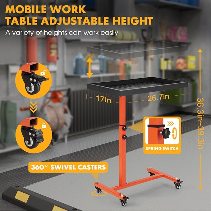 OLBRUS Adjustable Work Table with Wheels, Mechanic Rolling Tool Tray Table for Garage Repair Shops DIY, 220LBS Capacity Mobile Heavy Duty Steel Tool Cart (Orange)