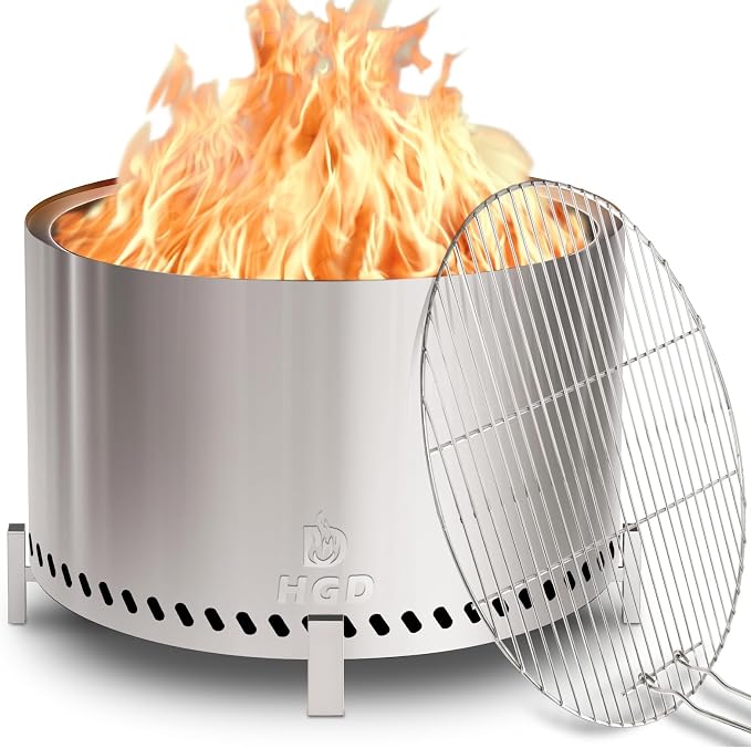 HGD 27.5" Smokeless Firepit with Stand & Grill Rack, Large Stainless Steel Wood Burning Fire Pit for Friends & Family Gatherings, Secondary Combustion Outdoor Patio Stove for Garden BBQ & Bonfire