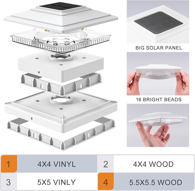 APONUO Solar Post Cap Lights 6-Pack, White IP64 Waterproof 16 LED Fence Post Solar Lights for 4x4 5x5 6x6 Wood/Vinyl Posts, 2-Mode Deck Post Lights Solar Powered, 10-Hr Lighting for Patio Yard Porch