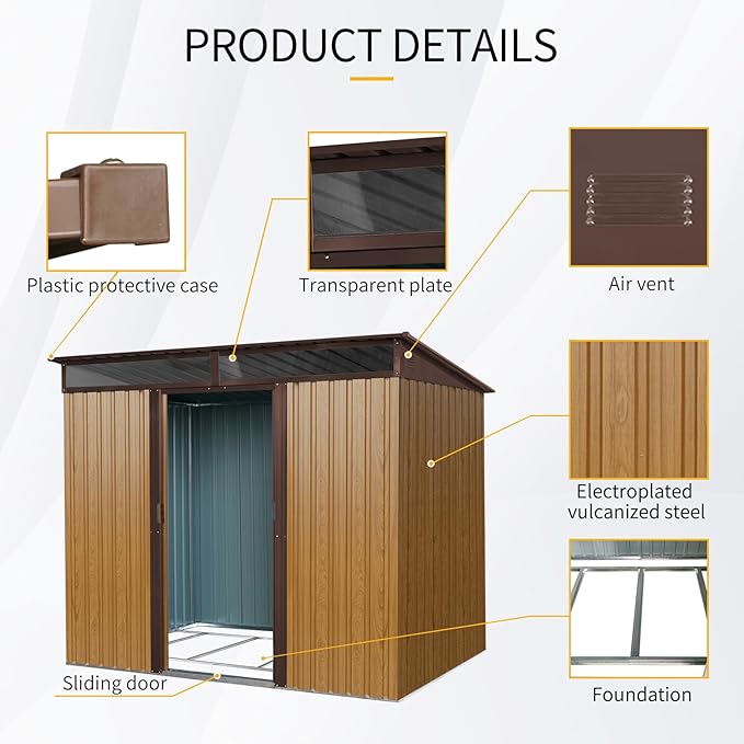 8x6 FT Outdoor Metal Storage Shed, Galvanized Steel Garden Shed, Foundation Frame, Ventilated Tool Storage House, Sloped Roof, Weather Resistant Backyard Shed for Lawn Equipment, Coffee