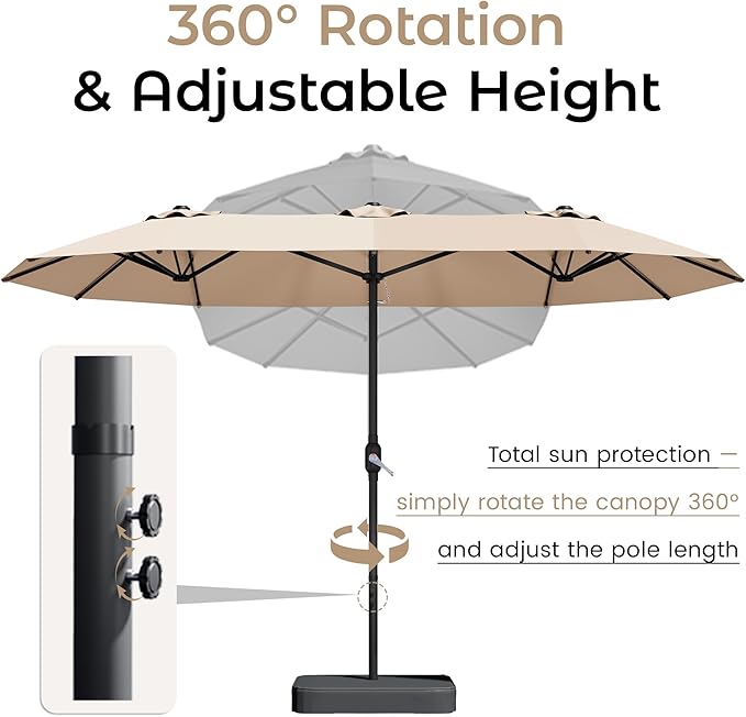 DomeShade 15ft Patio Umbrella with Base,Large Outdoor Double-Sided Rectangle Umbrella with Crank Handle, Market Umbrella for Poolside Garden Deck Backyard Beach Pools, Beige