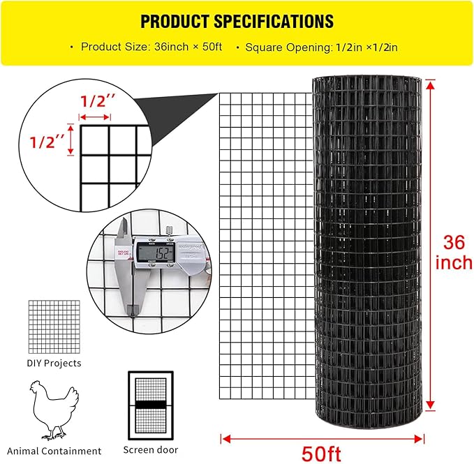 36'' x 50' 1/2inch Hardware Cloth 19 Gauge Black Vinyl Coated Welded Fence Mesh for Home and Garden Fence and Home Improvement Project