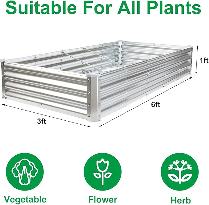 JERIA 6×3×1ft Raised Garden Bed with Support Rods,Galvanized Raised Garden Bed Kit Outdoor Metal Gardening Planter Box for Vegetable, Fruits, Flower