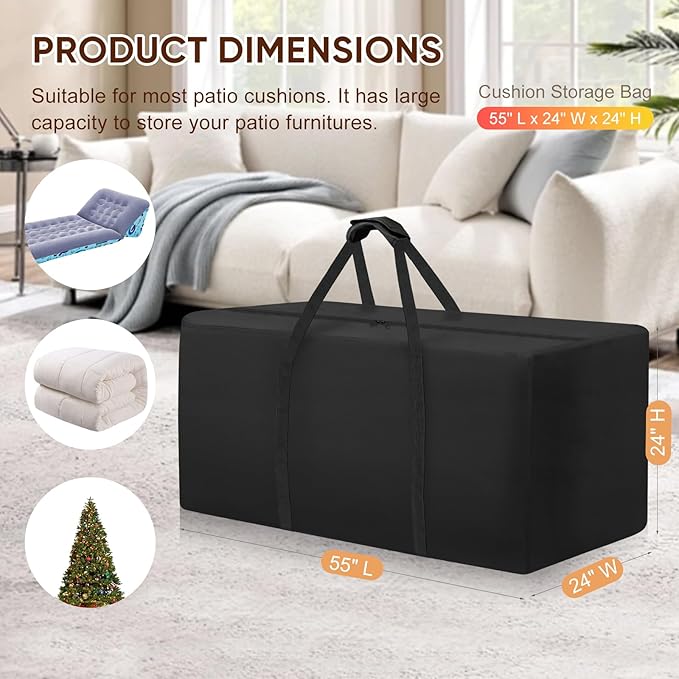 Outdoor Patio Cushion Storage Bag - Waterproof Large Patio furniture Cushion Organizer Storage Bag with Handle and Zipper, 55" L x 24" W x 24" H Big Foldable Duffle Cover