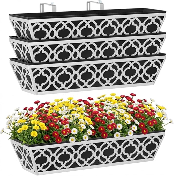 Y&M 24'' Railing Planter Box Set with Black Non-Woven Liner, Gray Metal Large Hanging Flower Boxes with Adjustable Brackets for Fence, Deck, Balcony, and Garden - 4 Pcs