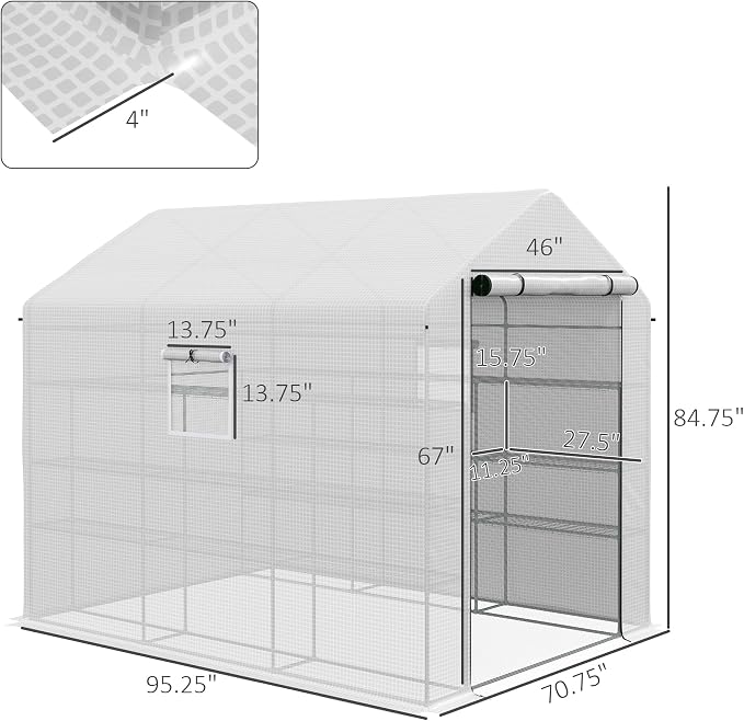 Outsunny 8' x 6' x 7' Walk-in Greenhouse, PE Cover, 4-Tier Shelves, Steel Frame Hot House, Roll-Up Zipper Door for Flowers, Vegetables, Saplings, Tropical Plants, White