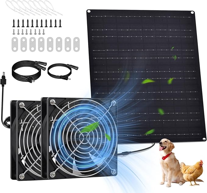 Solar Powered Fan, 15W Solar Chicken Coop Fan,Waterproof Ventilation Exhaust Fan for Outdoor Shed Chicken Coops Greenhouse Doghouses Pet House for Intake or Exhaust Air Cooling