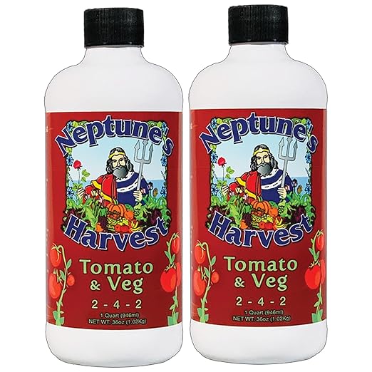 Neptune’s Harvest Organic Tomato & Vegetable Plant Fertilizer (2-4-2) - Liquid Plant Food w/Fresh Fish, Seaweed, Molasses, Yucca Extract, & Humic Acids - for Vegetable Garden (Quart (2 Pack))