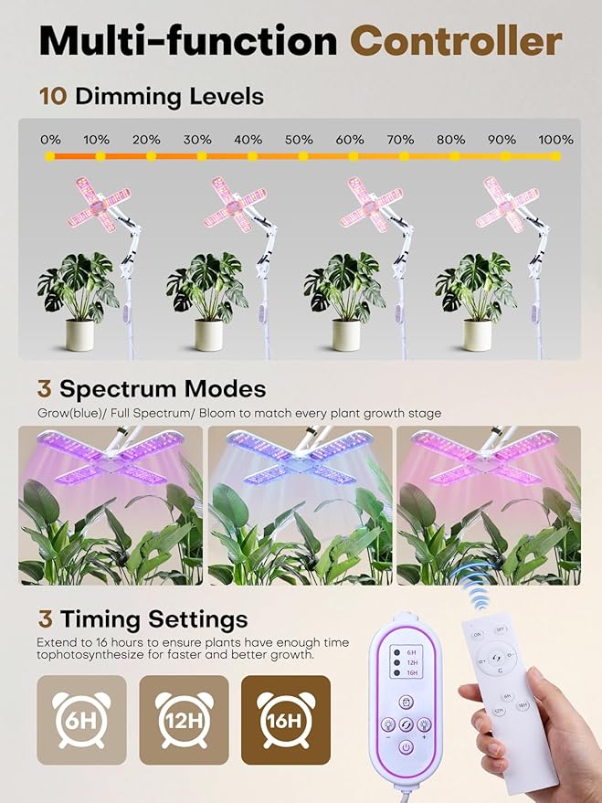 240 LEDs Grow Lights for Indoor Plants with Timer 6/12/16H, Full Spectrum Plant Lights for Indoor Growing 10 Dimmable Level, 24-72" Height Adjustable Tabletop Grow Light Floor Lamp with Remote Control