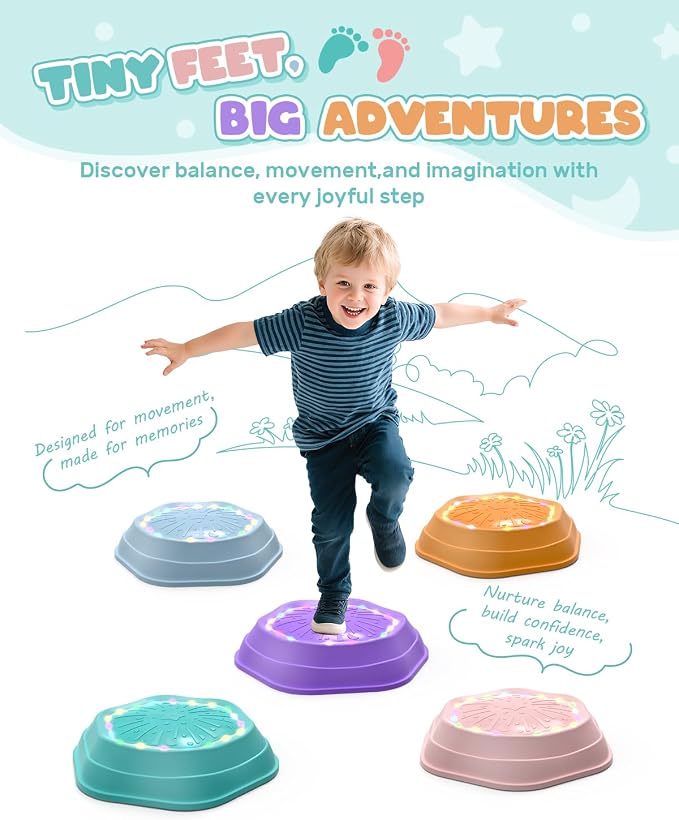 Holyton Musical Light Up Balance Stones for Kids, 5 Pack Sensory Stepping Stones with Rechargeable Batteries, Non-Slip Toddler Balance Toys for Ages 3-8, Indoor Outdoor Active Play, Pink