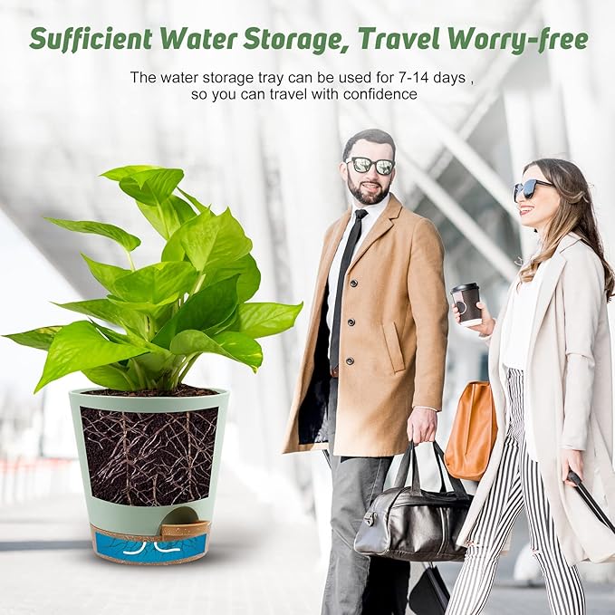 YNNICO Indoor Self Watering Planters with Drainage Holes and Saucers, 8, 7, 6.5, 6, 5.5, 5 Inches, Green, 6 Pots.