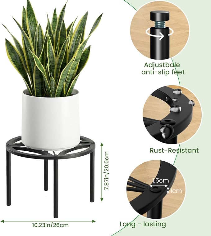 TOSKING Heavy Duty Metal Plant Stand – 120 lbs Capacity, 10.2" Modern Geometric Pattern Round Stand for Medium to Large Pots, 4 Adjustable Feet & Rustproof, Indoor/Outdoor, Black (10.2" D x 7.9" H)